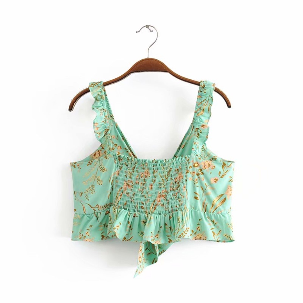 Boho Mint Green Floral Print Ruffle Crop Top Maxi Skirt Set - Picture 8 of 12
